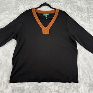 Lauren Ralph Lauren Faux Suede Trim V-Neck Top Women's Black Plus Size 3X